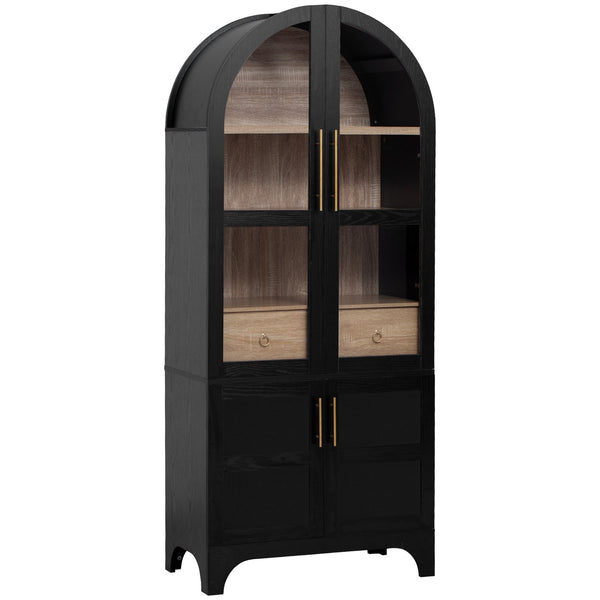 English Elm K&K Arched 71" Kitchen Pantry Cabinet with Glass Doors, Brass Handles, Adjustable Shelves & Drawer Black N707P288969B
