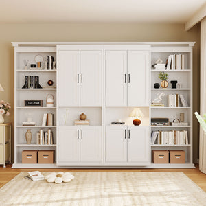 English Elm Full-size Murphy Wall Bed with Sliding Cabinets and Twelve Open Shelves for Studios White LP000919AAK