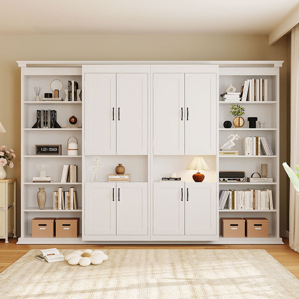 English Elm Full-size Murphy Wall Bed with Sliding Cabinets and Twelve Open Shelves for Studios White LP000919AAK