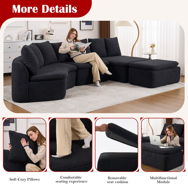 English Elm 133'' Modular U-shaped Sectional Chenille Sofa with Removable Recliner for Spacious Rooms Black W2231S00055