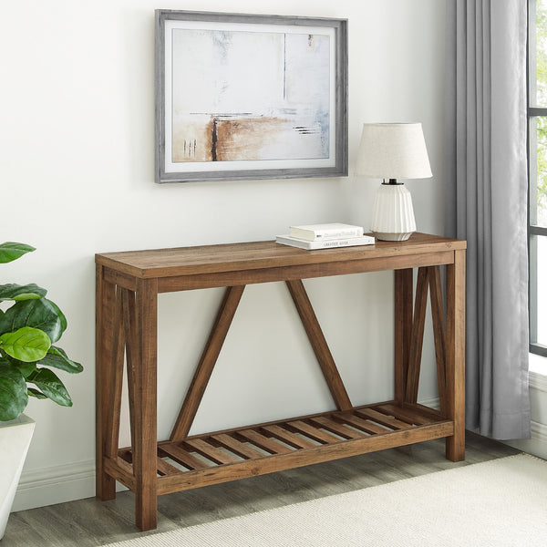 English Elm Walker Edison - Farmhouse A-Frame Entry Table with Slatted Lower Shelf, Rustic Country Charm, Durable MDF Finish Oak 66 L x 18 W x 7 H B185P169318