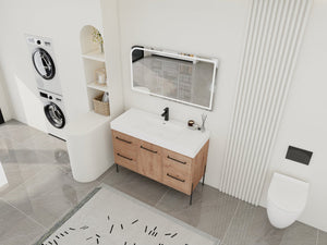 English Elm 48" Floating Bathroom Vanity Dual Ceramic Vessel Sinks Oak Finish Soft Close Doors W999S00527