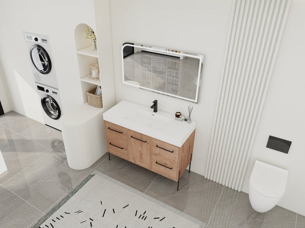 English Elm 48" Floating Bathroom Vanity Dual Ceramic Vessel Sinks Oak Finish Soft Close Doors W999S00527
