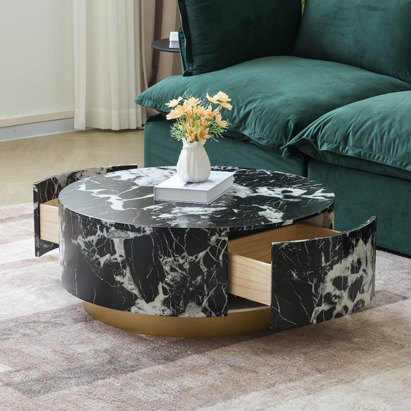 English Elm Tavola Round Coffee Table with Marble Pattern Top and Metal Legs, Two Drawers for Stylish Storage Black B341P321162