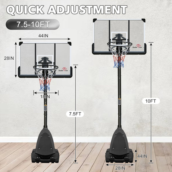 English Elm Double Fish Portable Basketball Hoop 44 Inch Backboard Adjustable Height with Wheeled Base W3087P251062