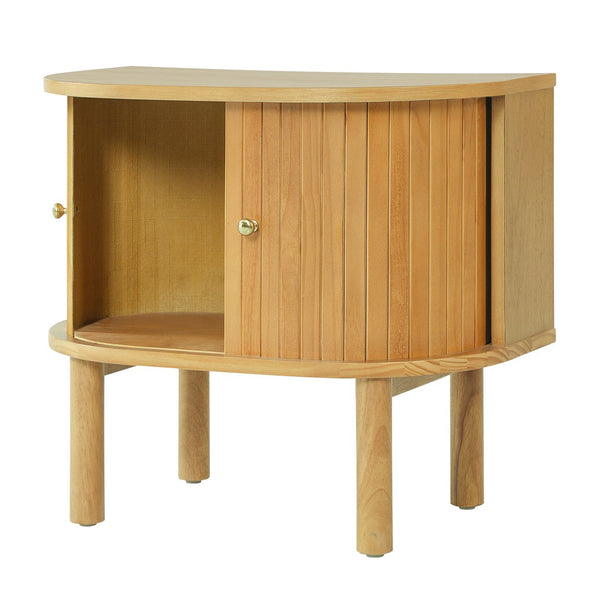 English Elm Semi-cylindrical Solid Wood Nightstand with Slatted Doors and Brass Knobs for Bedroom N758P389137N