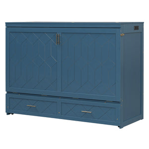 English Elm Queen Murphy Wall Bed Cabinet with Storage Drawer Built-in Power Outlets Usb Ports Navy Blue LP000400AAC-1