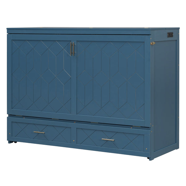 English Elm Queen Murphy Wall Bed Cabinet with Storage Drawer Built-in Power Outlets Usb Ports Navy Blue LP000400AAC-1