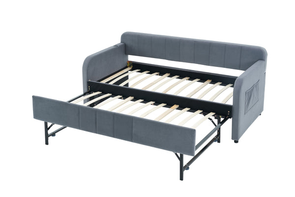 English Elm Twin Upholstered Daybed with Trundle Sofa Bed for Guest Room, Pine Wood Frame, Velvet Upholstery, Sturdy Slat Support and Full-Length Comfort Grey W1361S00022