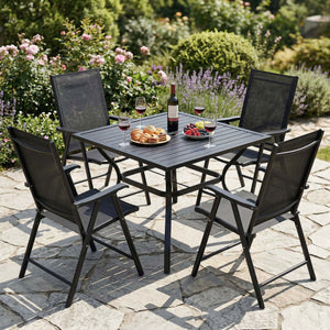 English Elm Outdoor Steel Bistro Dining Set with Slatted Square Table and Four Folding Mesh Chairs Black W5159S00002