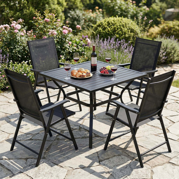 English Elm Outdoor Steel Bistro Dining Set with Slatted Square Table and Four Folding Mesh Chairs Black W5159S00002