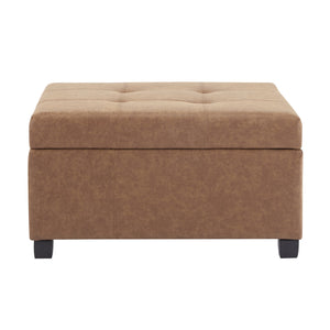 English Elm 35" Waffle-tufted Faux Leather Lift-top Ottoman with Hidden Storage and Birch Legs N767P356738B