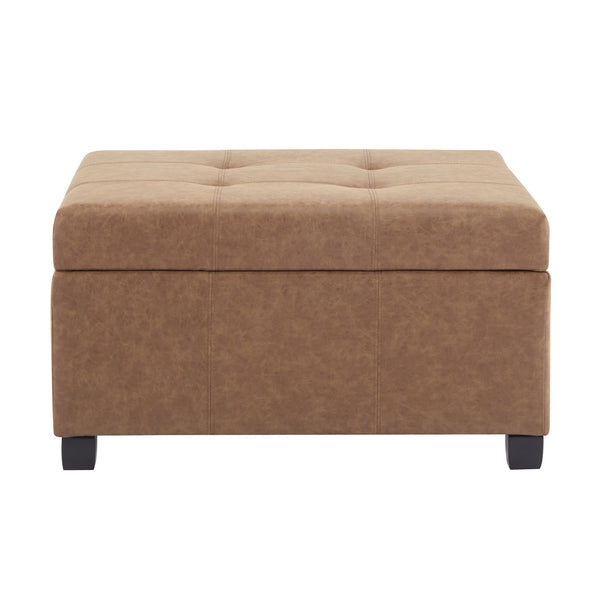 English Elm 35" Waffle-tufted Faux Leather Lift-top Ottoman with Hidden Storage and Birch Legs N767P356738B