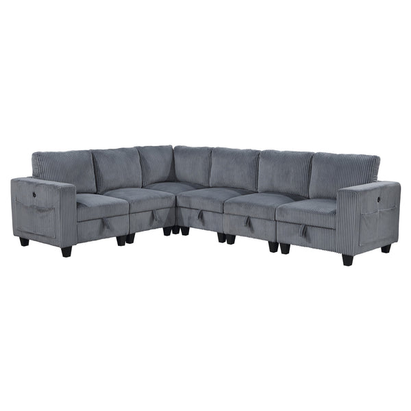 English Elm 6-Piece modular sectional with hidden storage drawers, side pockets and USB charging in corduroy fabric Dark Gray 26 L x 29 W x 15.75 H B011S01079