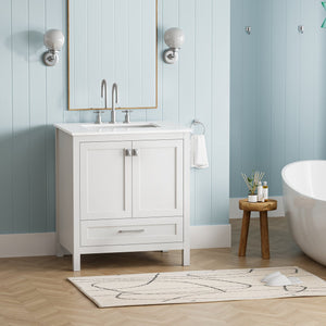 English Elm 30" Freestanding Grey Vanity Solid Wood Cabinet Carrara Marble Top Ceramic Sink W1573P237851