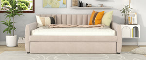 English Elm Full Size Velvet Upholstered Daybed with Pull Out Trundle and Wood Slat Support Beige LP100121AAA