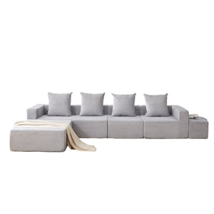 English Elm L-shaped Modular Sectional with Ottoman Corduroy Upholstery Four Seat Living Room Sofa Gray W2699S00082
