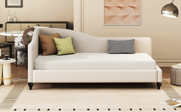 English Elm Twin L-Shaped Linen Daybed with Solid Wood Legs — Semi-Enclosed Modern Design, Durable Support Beige SF100145AAA