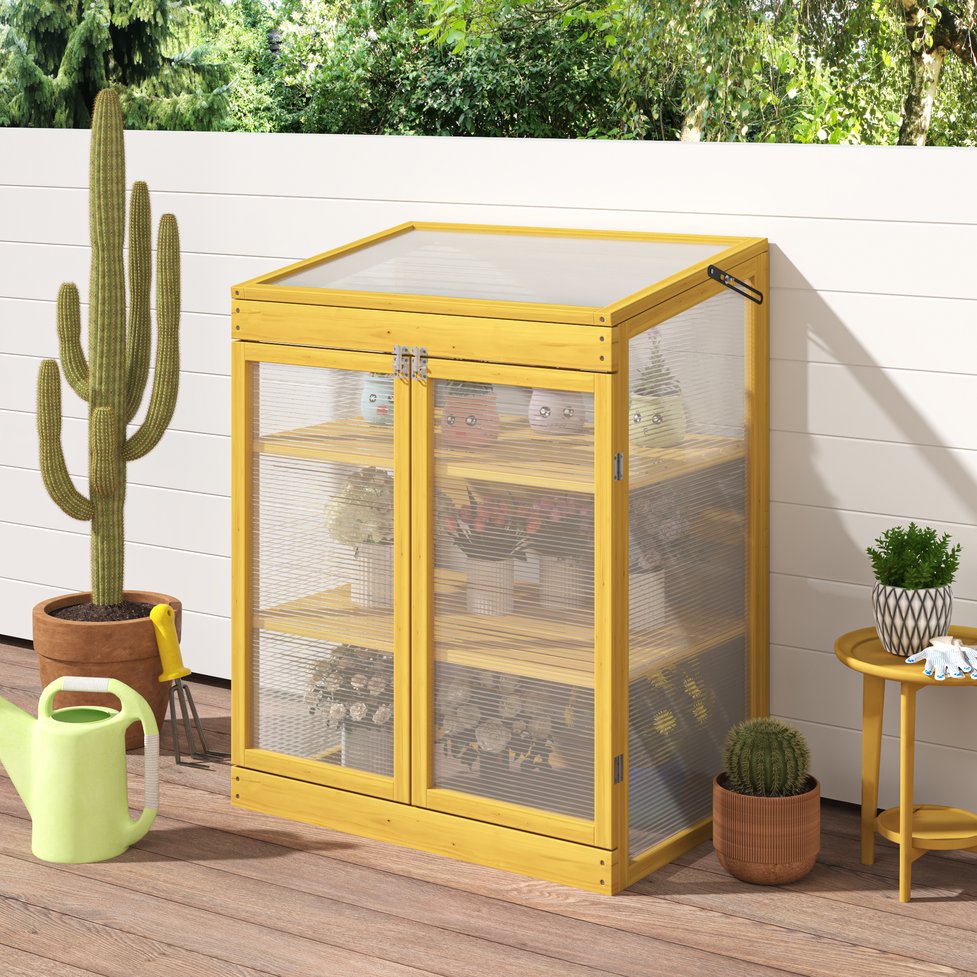 English Elm Greenhouse Pine Wood Cold Frame Cabinet with Polycarbonate Panels for Outdoor Seedlings W1850P236449