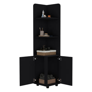 English Elm Malibu 62" Tall Corner Linen Cabinet Black Particle Board with Double Doors, 4 Shelves, Modern Legs B070P210744