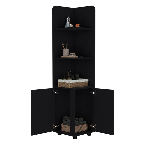 English Elm Malibu 62" Tall Corner Linen Cabinet Black Particle Board with Double Doors, 4 Shelves, Modern Legs B070P210744