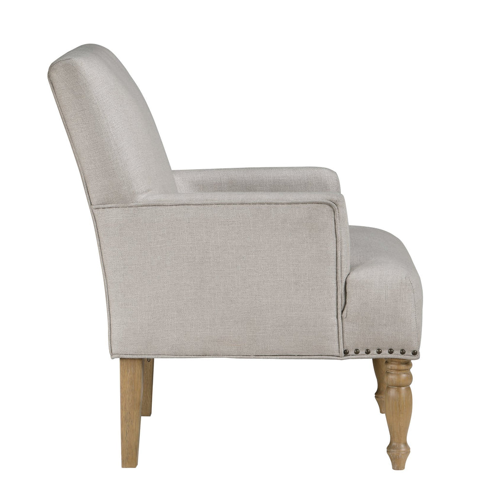 English Elm Alice Beige Arm Chair with Pecan Legs, Brass Nailhead Trim, Pocket Coil Springs, Easy-Clean Polyester Upholstery B050P229959