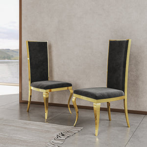 English Elm Luxury Gold Pvd Steel Rectangular Dining Table with Black Tempered Glass Seats Six W2723S00090