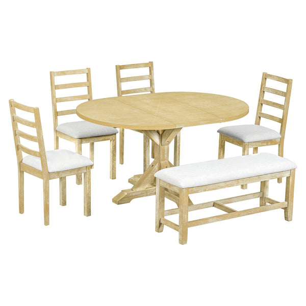 English Elm Topmax Farmhouse Extendable Pedestal Dining Set Seats Six with Ladder Back Chairs Natural+Beige N717S000060N