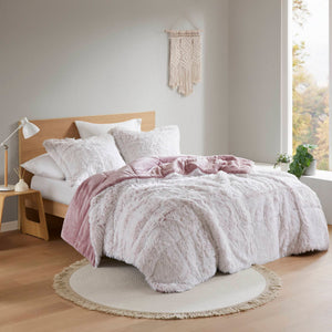 English Elm 2 Piece Shaggy Faux Fur Twin Comforter Set Hypoallergenic Cozy Textural Bedding Pink+White B035P319586