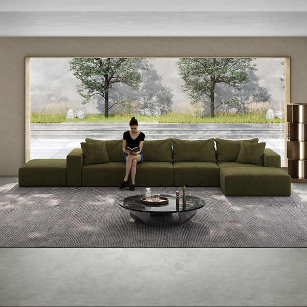 English Elm Oversized sponge cloud sofa modular 162" L-shaped sectional with chenille upholstery and 6 pillows, no-assembly comfort Green W834S00392