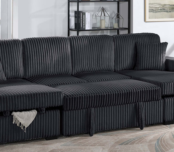English Elm Chocolate Corduroy 3 Piece Sectional Sleeper Sofa with Raf Laf Chaise Storage Seating Black B011S02170