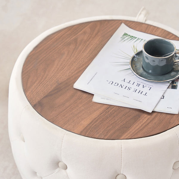 English Elm Ball Cast Round Nesting Ottoman Set Linen Upholstered Hidden Storage with Wooden Tray Beige W3163P379358