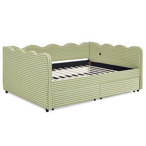 English Elm Full Size Gingham Linen Daybed with Wave Backrest Trundle and Usb Charging Port Green W1413S00147