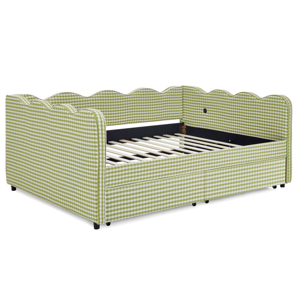 English Elm Full Size Gingham Linen Daybed with Wave Backrest Trundle and Usb Charging Port Green W1413S00147