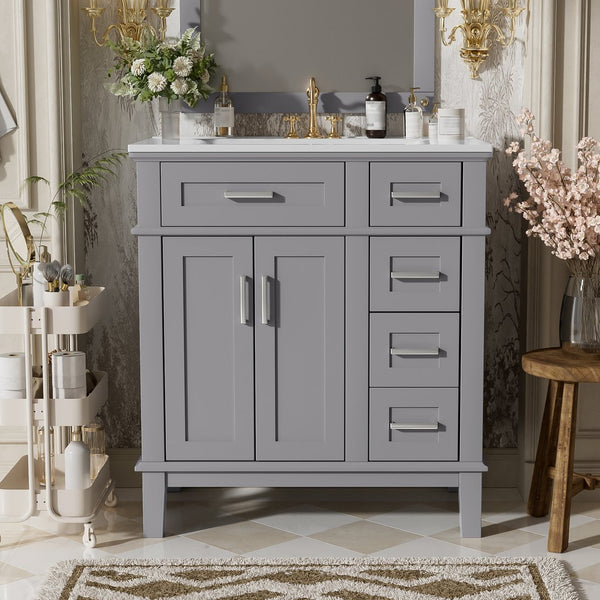 English Elm 30" Freestanding Bathroom Vanity Ceramic Sink Soft Close Cabinet Gray Wood Frame Grey N729P427118E