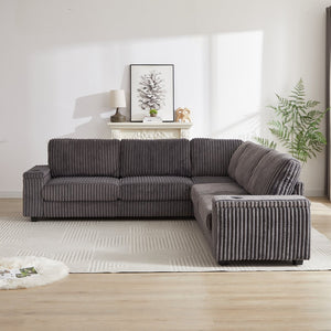 English Elm 110-Inch Oversized Corduroy Corner Sofa with Storage, USB & Cup Holders, Deep Plush Seating Comfort DARK GREY W834S00285