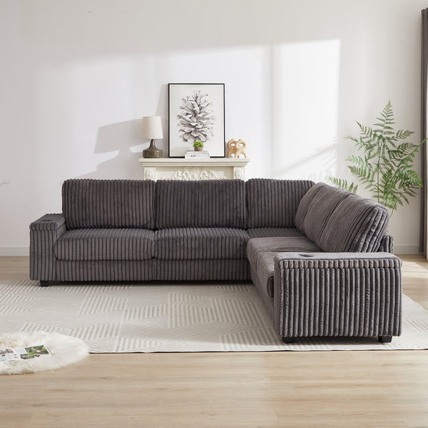 English Elm 110-Inch Oversized Corduroy Corner Sofa with Storage, USB & Cup Holders, Deep Plush Seating Comfort DARK GREY W834S00285