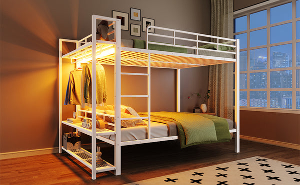English Elm Full Size Metal Bunk Bed With Led Lights, Storage Shelves & Hooks - Stylish Space-Saver In White N7090000667K