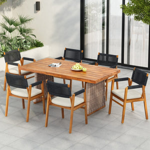 English Elm Christopher Knight Home® - Outdoor 7-Piece Acacia Wood Dining Set With Elegant Rattan Legs & Cushions For Stylish Gatherings N773OD00045B