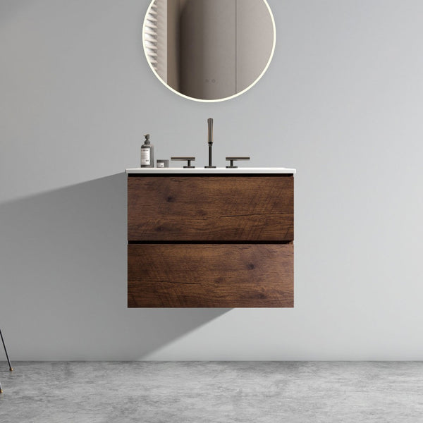 English Elm Wall Mount 24" Walnut Floating Bathroom Vanity With Ceramic Sink, Large Storage & Soft-Close Drawers W1865S00048-GIGA