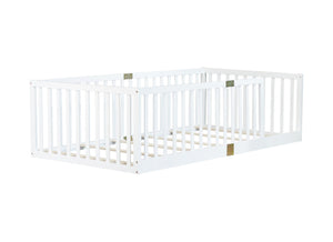 English Elm Twin Floor Bed Solid Rubber Wood with Tall Safety Railings for Toddler Sleep White W504P287643
