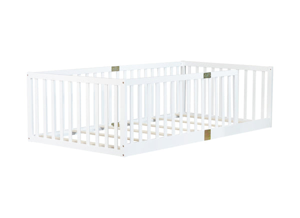 English Elm Twin Floor Bed Solid Rubber Wood with Tall Safety Railings for Toddler Sleep White W504P287643