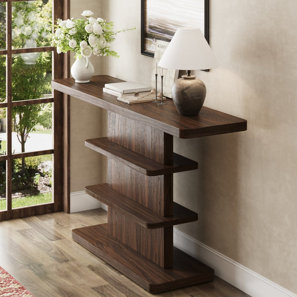 English Elm 63"vintage Walnut Console Table Two Open Shelves Slim Hallway Living Room Accent W757P399696