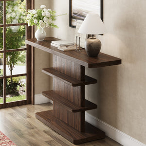 English Elm 63"vintage Walnut Console Table Two Open Shelves Slim Hallway Living Room Accent W757P399696