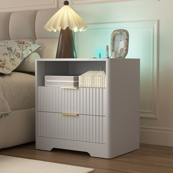 English Elm Nightstand with Usb Charging Ports Ac Outlet Night Light and Cabinet for Bedroom W1321P399421