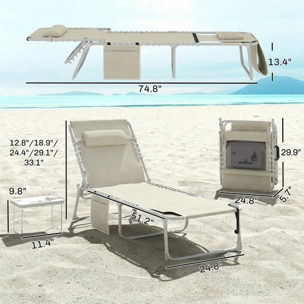 English Elm Folding Outdoor Chaise Lounge with Face Hole Side Table and Five Position Recline T3971P481184