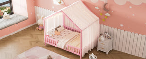 English Elm Montessori House Bed Frame Twin with Canopy & Full Guardrails, Cozy Kids Platform Bed for Toddlers Pink 77.8 L x 17.25 W x 7 H N733P356048H