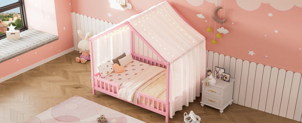 English Elm Montessori House Bed Frame Twin with Canopy & Full Guardrails, Cozy Kids Platform Bed for Toddlers Pink 77.8 L x 17.25 W x 7 H N733P356048H