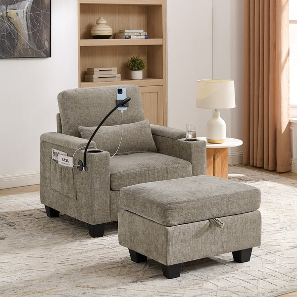 English Elm Single Chenille Manual Recliner with Usb Port Hidden Storage Ottoman and Cup Holders Brown W487P423653