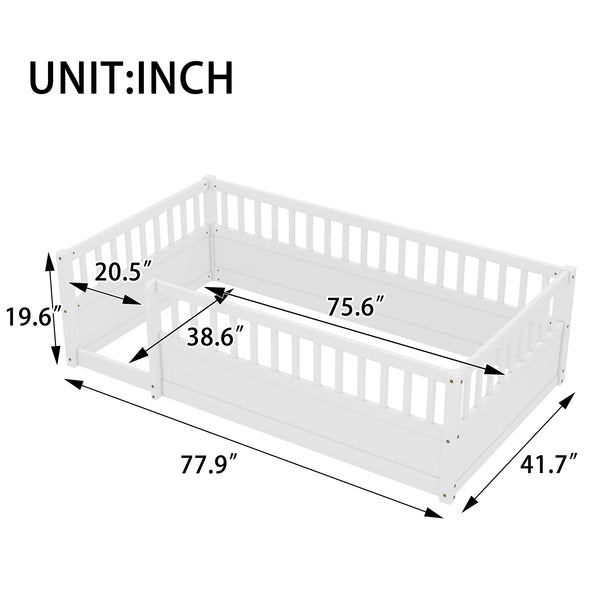 English Elm Twin Montessori Floor Bed Frame for Kids – Pine Playroom Bed with Fence for Reading & Imaginative Play White W1580P307878